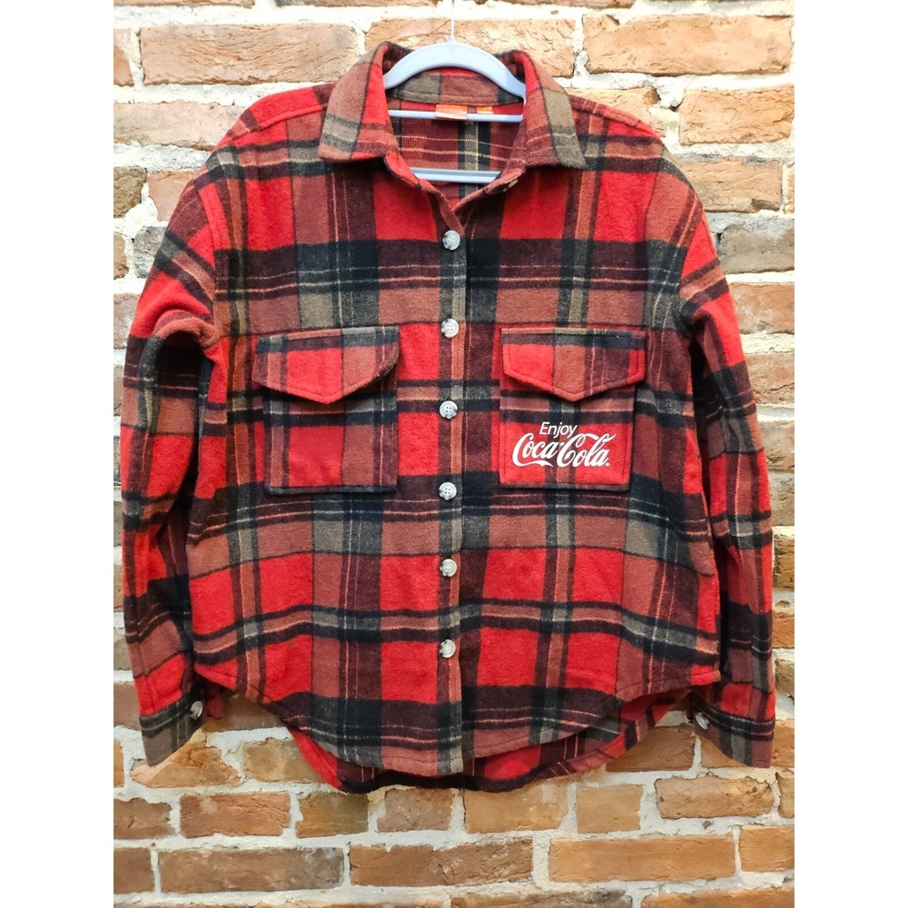 Coca-Cola Shacket Mens Small Red Plaid Flannel Chest Pockets Collar Button Front